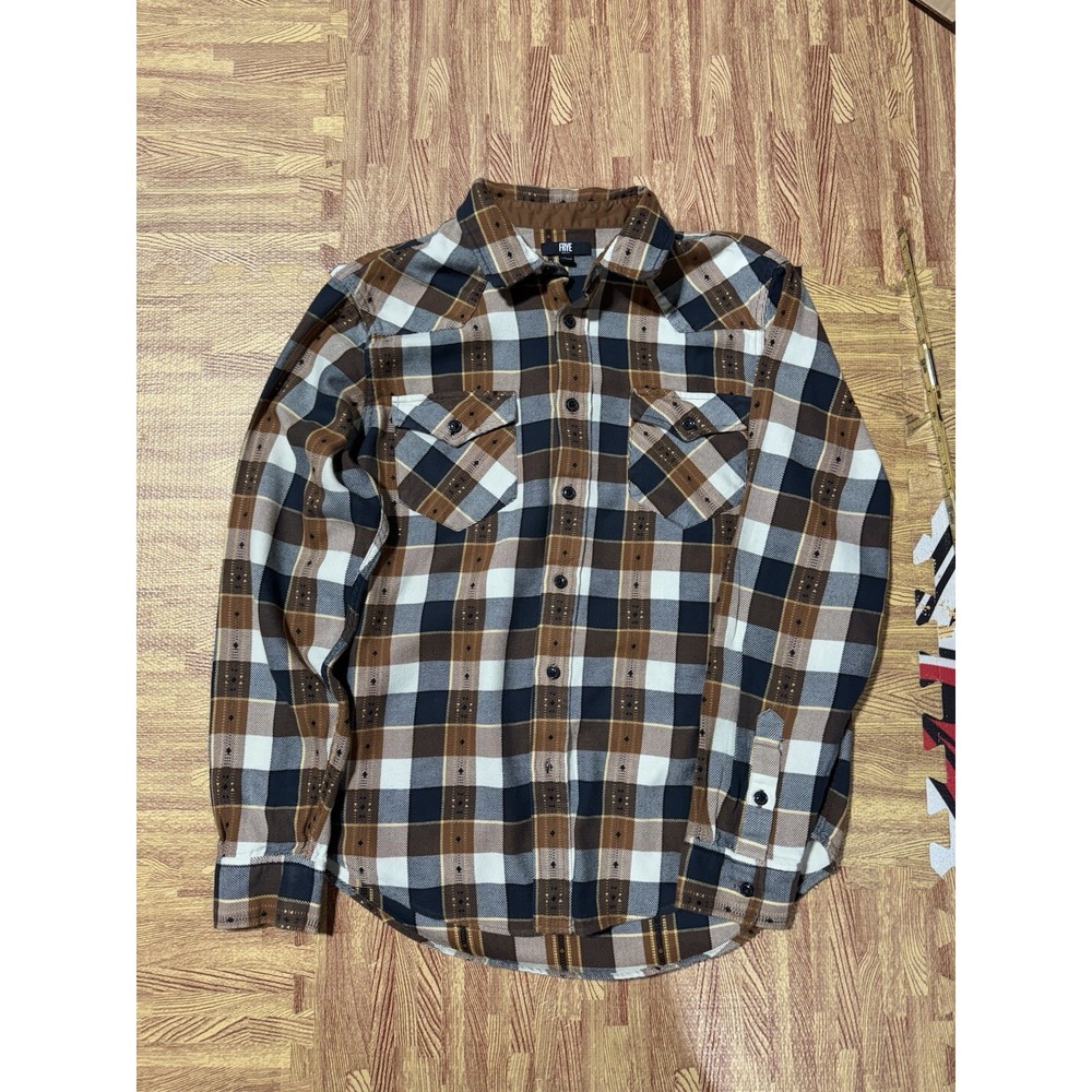 FRYE Western Flannel Shirt Men Large Brown Black Multi Plaid Aztec Geo